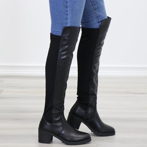 Black Over The Knee Boot Chunky Lug Heel Faux Dual Leather And Stretchy Material - Picture 2 of 15